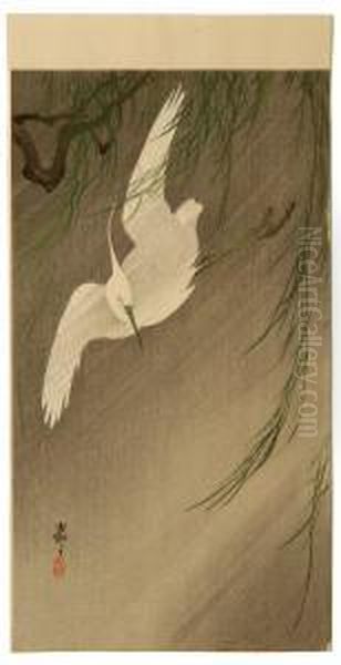 White Egret With Willow Branches. Oil Painting by Ohara Koson