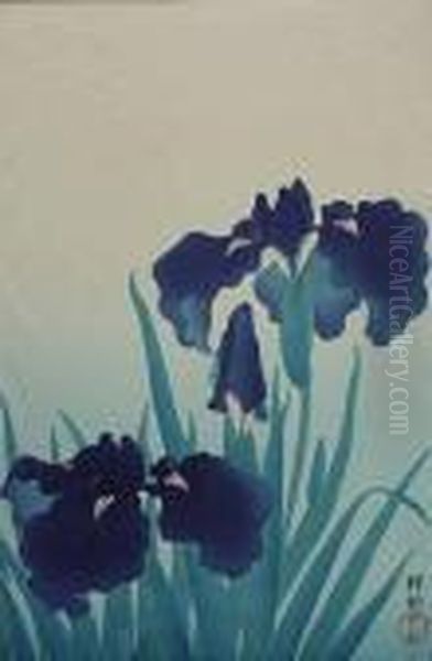 Shoson Ohara- Floral Study- 
Woodblock In Colors, Stampedsignature And Artists' Chop, Published By 
Watanabe, 14 X 9 1/4'';together With Reproduction Print Oil Painting by Ohara Koson