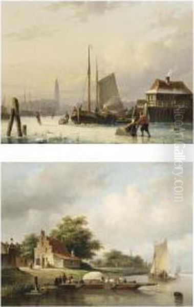 A Winter Landscape With Skaters 
On A Frozen Waterway; A Summer Landscape With Boats On A River (a Pair) Oil Painting by Everhardus Koster