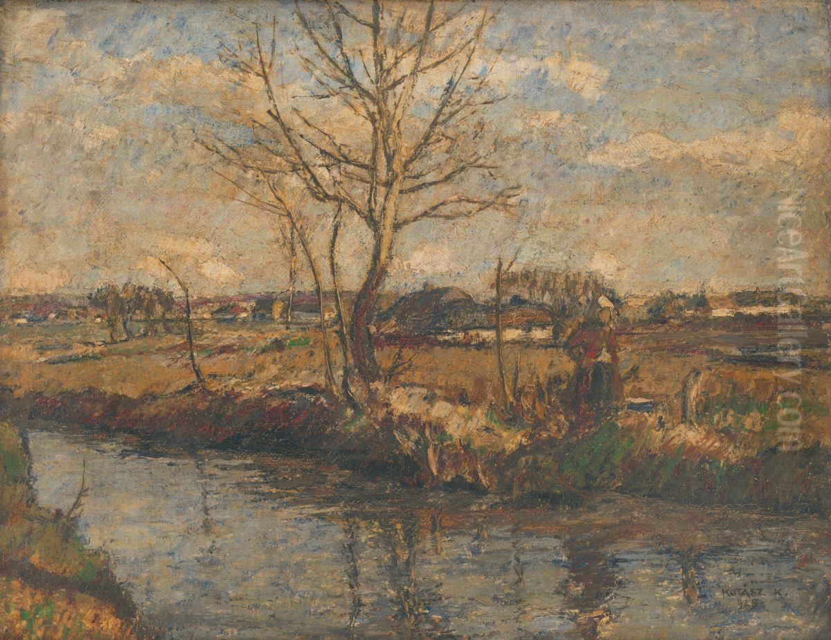 Krajina S Potokom Oil Painting by Karoly Kotasz