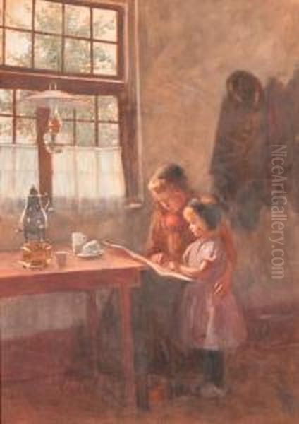 Girls Reading In An Interior Oil Painting by Heinrich Martin Krabb