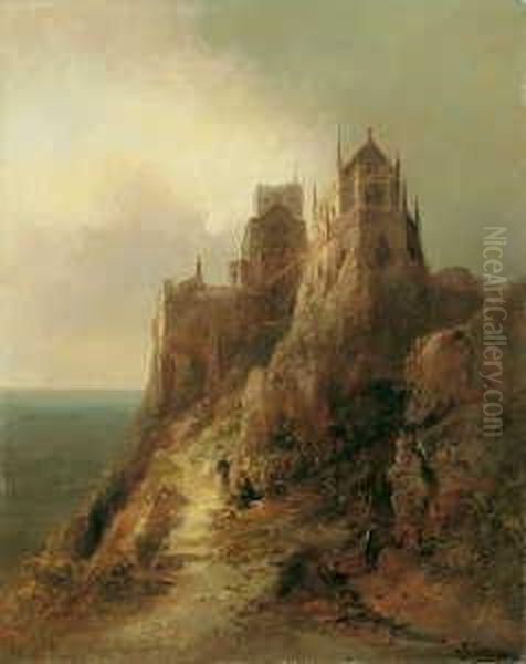 Eine Hoch Uber Dem Meeresstrand 
Gelegene Burg. Davor Ein Paar. Signiert Unten Rechts: F. Krause. Ol Auf 
Leinwand (doubliert). H 64; B 50 Cm. Oil Painting by Franz Emil Krause