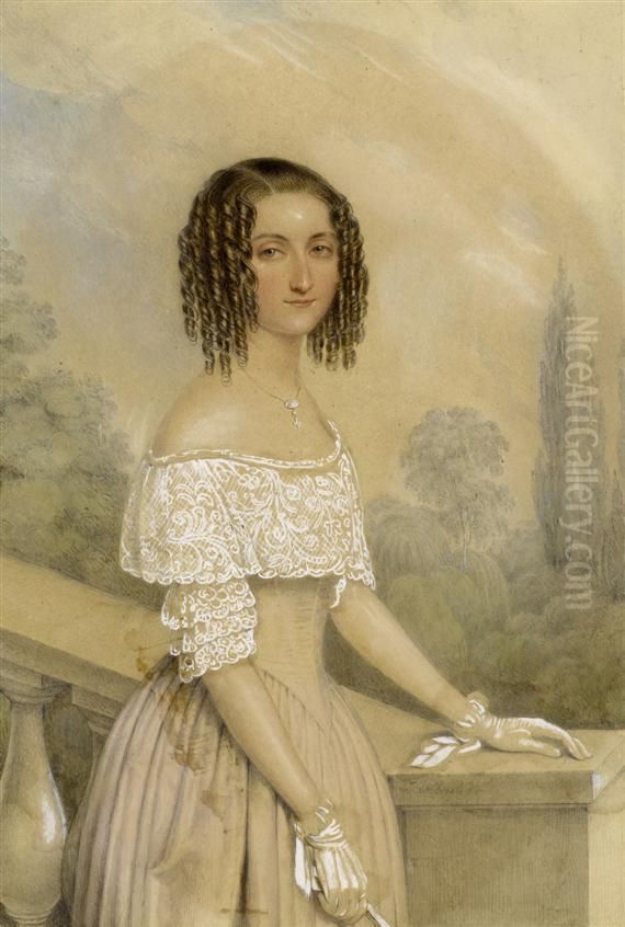 Portrait Of A Young Woman With White Gloves And Fan Oil Painting by Josef Nikolaus Kriehuber