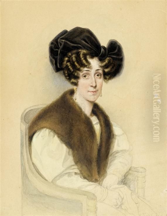 Portrait Of A Lady With Velvet Hat And Fur Collar Oil Painting by Josef Nikolaus Kriehuber