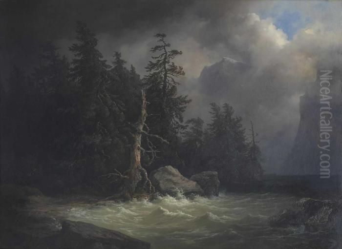 Gewitterstimmung Am Ufer Eines Gebirgssees. Oil Painting by Josef Nikolaus Kriehuber