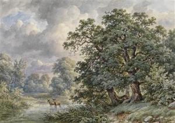 Aulandschaft Mithirschen Oil Painting by Josef Nikolaus Kriehuber
