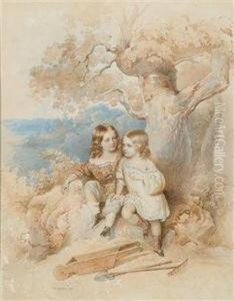 Geschwisterkinder Unter Einereiche Sitzend Oil Painting by Josef Nikolaus Kriehuber