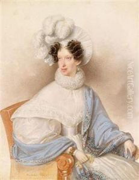 Bildnis Einer Dame In Weisemkleid Und Hellblauen Umhang Mit Federhut Oil Painting by Josef Nikolaus Kriehuber