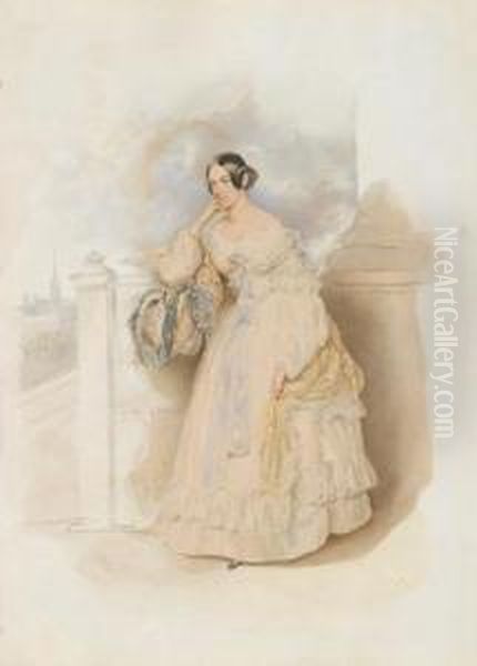 A Portrait Of A Lady Standing On A Terrace Oil Painting by Josef Nikolaus Kriehuber