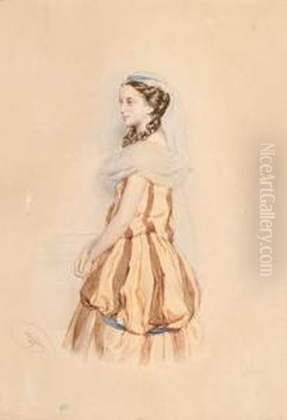 Bildnis Einer Stehenden Dame In Gestreiftem Kleid Oil Painting by Josef Nikolaus Kriehuber