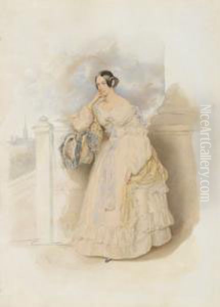 Bildnis Einer Auf Einer Terrasse Stehenden Dame Oil Painting by Josef Nikolaus Kriehuber