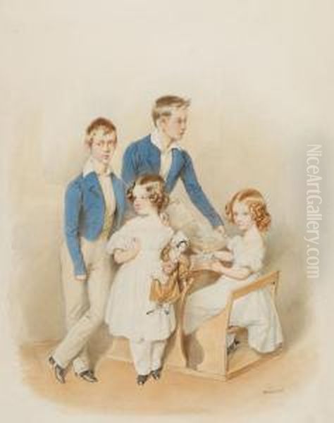 Vier Geschwister Oil Painting by Josef Nikolaus Kriehuber