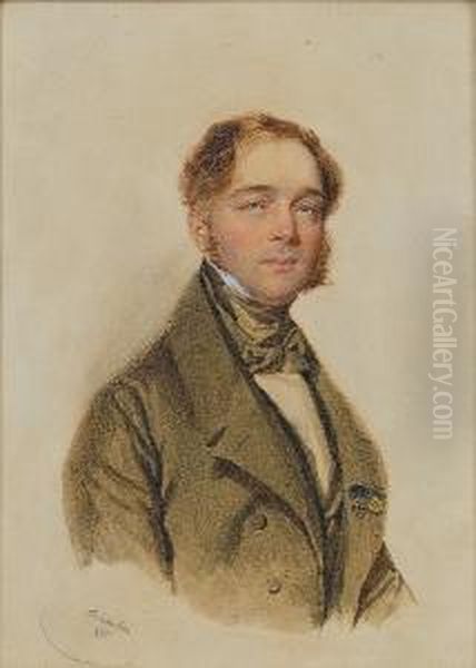 Karl Egon, Prince Of Furstenberg
 (1796-1854), Wearing Black Coat And Waistcoat Over White Shirt And Tied
 Black Stock, Medals Pinned To Left Lapel. Oil Painting by Josef Nikolaus Kriehuber