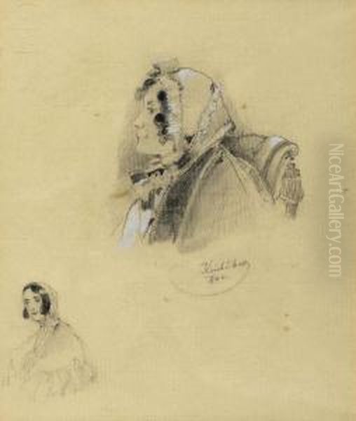 Two Female Portrait Studies On One Sheet, 1842. Oil Painting by Josef Nikolaus Kriehuber