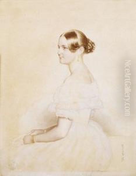 Young Girl In White Dress (contesse Konigsegg Georgine) Oil Painting by Josef Nikolaus Kriehuber