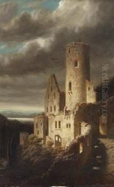 Burgruine Bei Aufziehendem
 Gewitter. Oil Painting by Carl Kronberger
