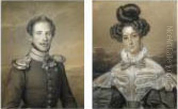 A Portrait Of Alexander Von 
Reitzenstein In Uniform; A Portrait Of Amelie Von Reitzenstein (a Pair) Oil Painting by Franz Krutger