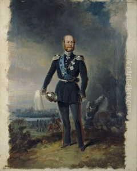 Bildnis Des Grossherzogs 
Friedrich Franz Ii. Von Mecklenburg-schwerin (1823-1883). Der Grosherzog
 In Mecklenburgischer Generalsuniform Mit Der Kette Des Preus. Schwarzen
 Adler-ordens Und Dem Blauen Band Des Danischen Elephanten-ordens. Im 
Hintergr Oil Painting by Franz Krutger
