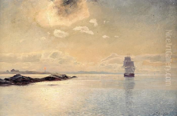 Kustlandskap Med Fartyg I Aftonrodnad Oil Painting by Olof Krumlinde