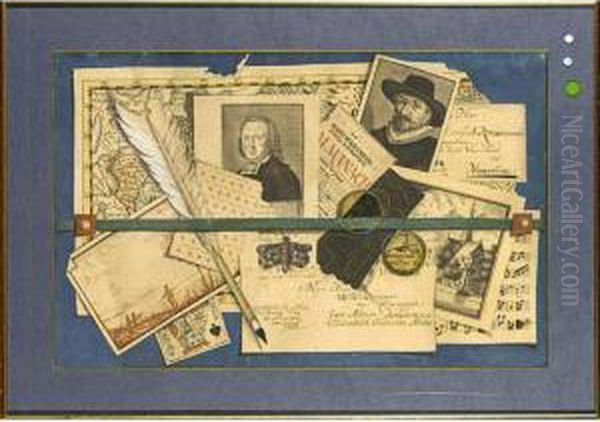 A Trompe L'oeil Still Life Of 
Playing Cards, A Map, Sheet Of Music, Portraits And A Goose-quill Oil Painting by Frederik Marianus Kruseman
