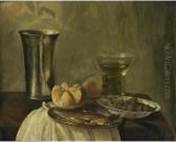 A Still Life With A Silver 
Beaker, A Herring On A Pewter Plate, A Bun, A Peach, A Roemer, And 
Olives In A Wan-li Bowl Together With A Knife On A Table With A White 
Tablecloth Oil Painting by Cornelis Cruys