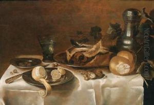 A Pie, A Bread Roll, Walnuts And
 Hazelnuts, A Partly Peeled Lemonand A Knife On A Pewter Dish, A Bowl Of
 Olives, A Roemer, A Pewterjug And Vine Leaves On A Partly Draped Table Oil Painting by Cornelis Cruys
