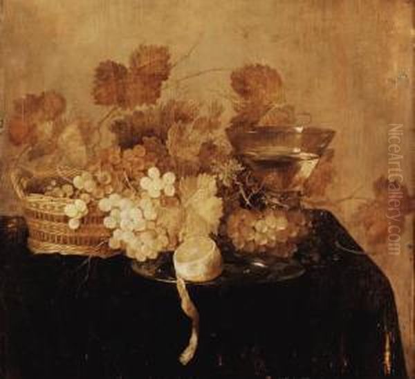 Grapes In A Wicker Basket, A 
Roemer And A Peeled Lemon On A Pewterplate On A Draped Table Oil Painting by Cornelis Cruys