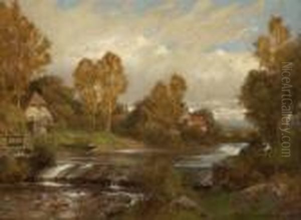 Flusslandschaft Mit
 Bauernhausern. Oil Painting by Erich Kubierschky