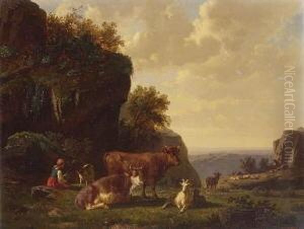 Kleine Hirtin Mit Ziegen Und
 Kuhen Oil Painting by Wilhelm Kuhling