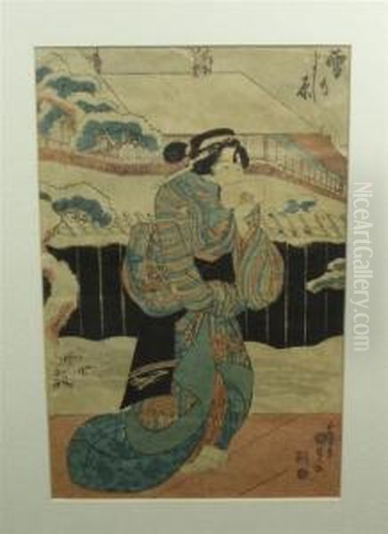 Lady Walking In Snow Oil Painting by Gototei Kunisada