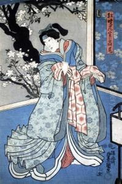 Geisha On A Terrace Oil Painting by Gototei Kunisada