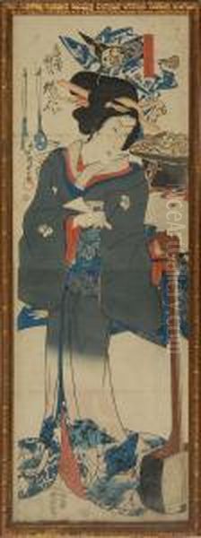 Woman With A Biwa And Otsu-e Background Oil Painting by Gototei Kunisada