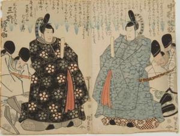 Depicting Two Court Officials With Extensive Calligraphy. Oil Painting by Gototei Kunisada