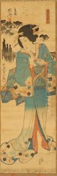 Depicting A Woman Holding A Teacup Oil Painting by Gototei Kunisada