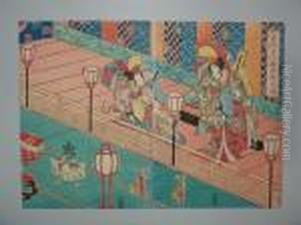 Deux Danseurs Sur Une Estrade Oil Painting by Gototei Kunisada