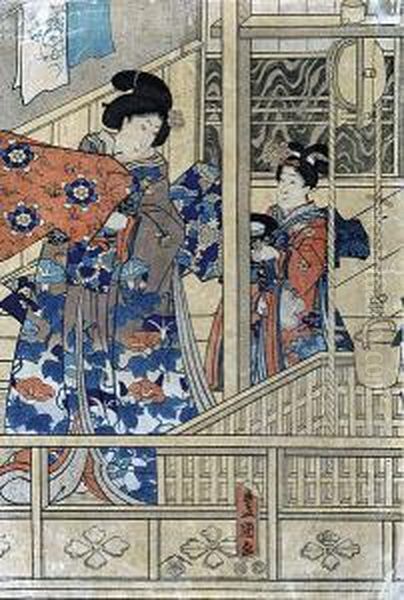 Bijin-e (wizerunek Z Pieknymi Kobietami), Ok. 1849-1853 Oil Painting by Gototei Kunisada