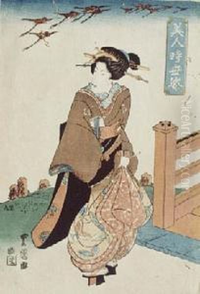Kobieta Na Spacerze Z Kluczem Odlatujacych Gesi W Tle Oil Painting by Gototei Kunisada