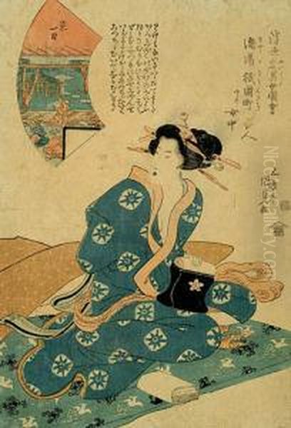 Portret Kobiety W Blekitnym Kimonie, 1822 Oil Painting by Gototei Kunisada
