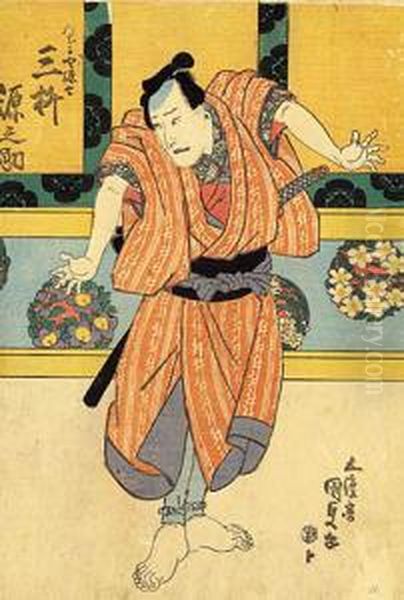 Aktor Gennosuke Iii Na Scenie Teatru Kabuki, Japonia, Ok. 1818-30 R. Oil Painting by Gototei Kunisada