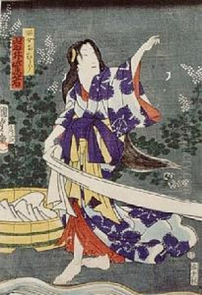 Pioraca Kobieta-scena Z Teatru Kabuki Oil Painting by Gototei Kunisada
