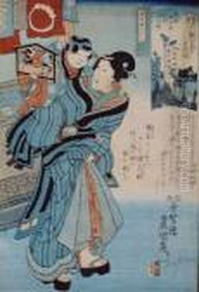 Kobieta Z Dzieckiem (1847-48) Oil Painting by Gototei Kunisada