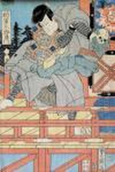 Aktor Z Czaszka Przy Balustradzie Oil Painting by Gototei Kunisada