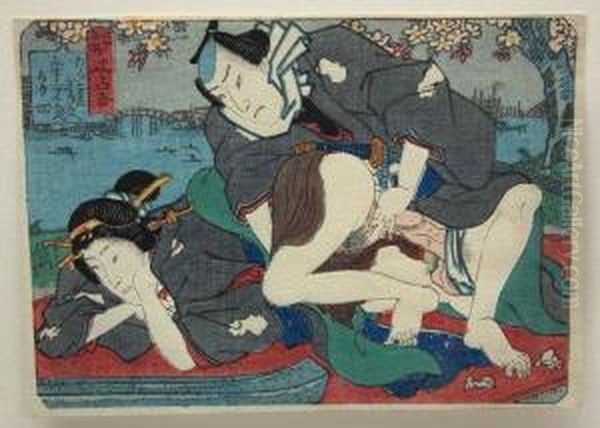 A Couple In An Amorous Adventure Oil Painting by Utagawa Kunisada