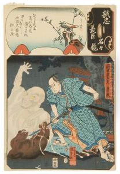 A Man Attacks A Wolf Oil Painting by Utagawa Kuniyoshi