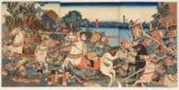 Battle Scene With Multiple Figures On Horseback. Oil Painting by Utagawa Kuniyoshi