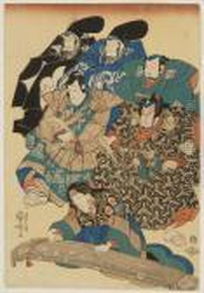 Five Court Figures Observe A Woman Playing A Koto. Oil Painting by Utagawa Kuniyoshi
