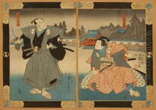 Depicting Actors As Noblemen In An Evening Setting. Oil Painting by Utagawa Kuniyoshi