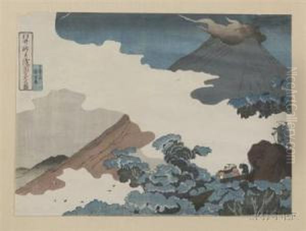 Travelers Climbing Throughmist Toward The Summit Of A Smoking Mt. Oil Painting by Utagawa Kuniyoshi