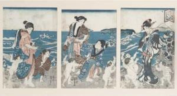 An Oban Triptych Of Actors And Boys On A Shore Oil Painting by Utagawa Kuniyoshi