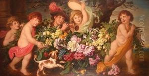 Children Masquerading As Putti 
And Musicians Amidst A Garland Of Flowers With A Spaniel At Their Feet Oil Painting by Ludwig Adam Kunz